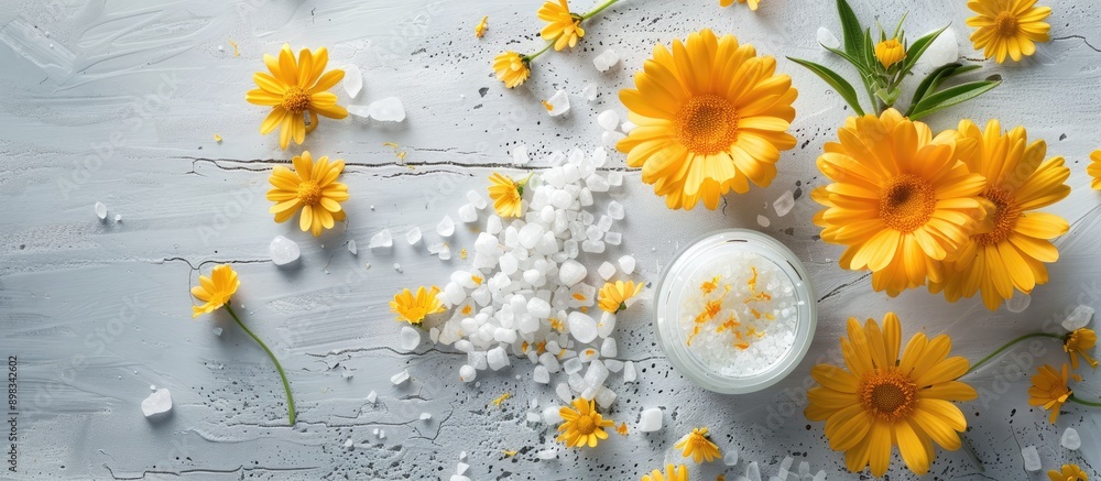 Poster calendula medical cream and bath salt displayed against a gray canvas with white wood background pro