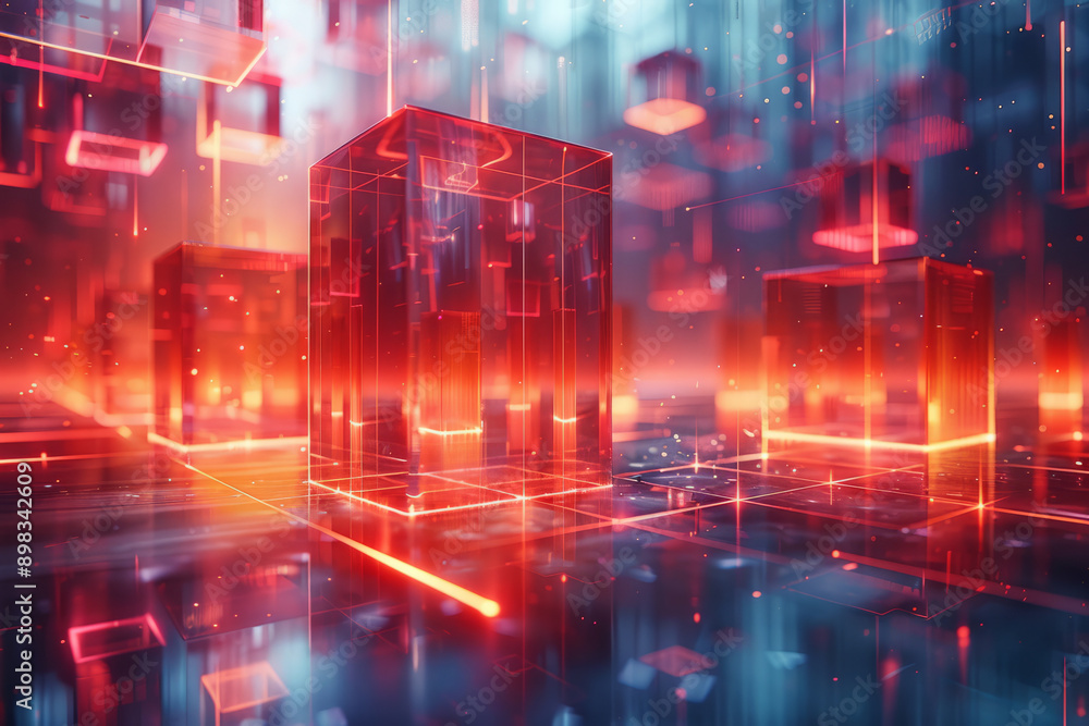 Aufkleber abstract 3d scene with floating blue cubes and powerful red lighting creating a striking contrast,