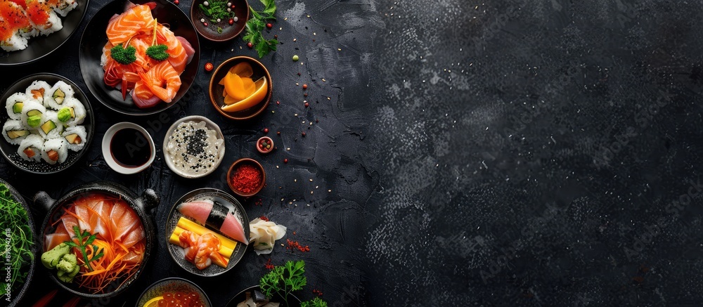 Poster top down view of a vibrant japanese restaurant food set displayed against a black backdrop creating 