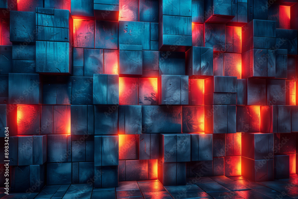 Poster stylish 3d render featuring blue cubes with vivid red illumination enhancing the abstract design,