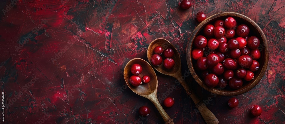 Poster close up copy space image of fresh cranberries in a wooden bowl with spoons against a cranberry fill