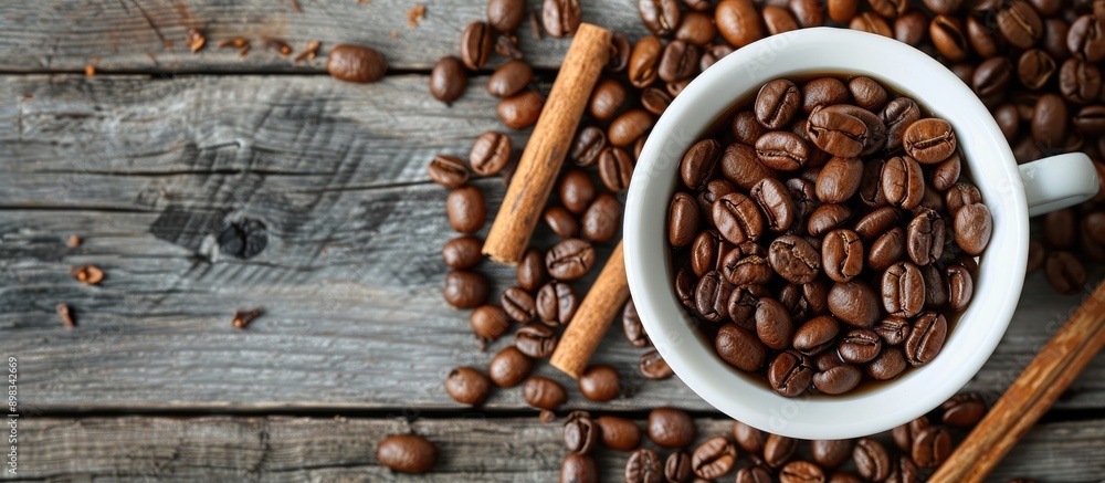 Poster top down view of coffee beans in a white cup with cinnamon sticks placed on a wooden table allowing 
