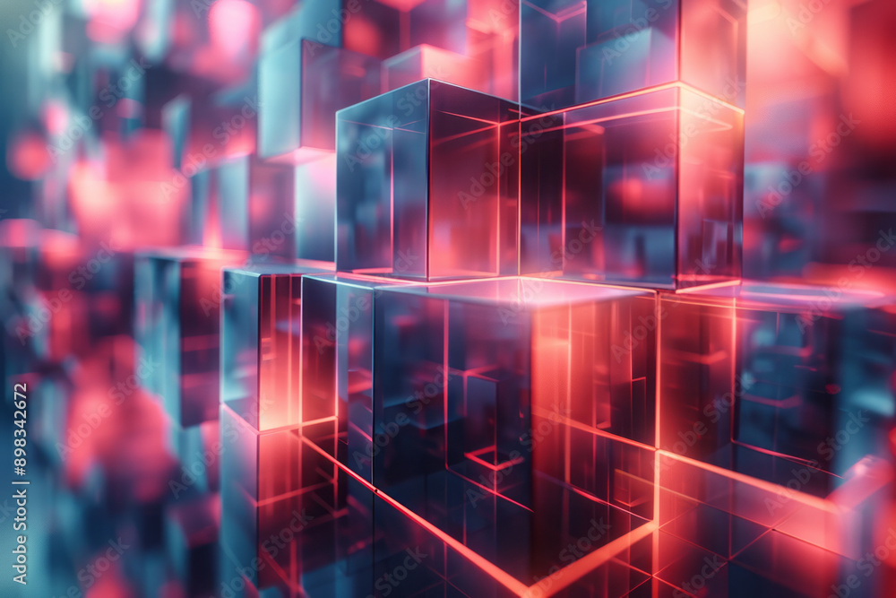 Poster elegant 3d visualization of blue geometric cubes with dynamic red lighting creating depth and dimens
