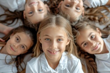 A group of smiling girls lying in a circle, heads together, wearing matching blue shirts.