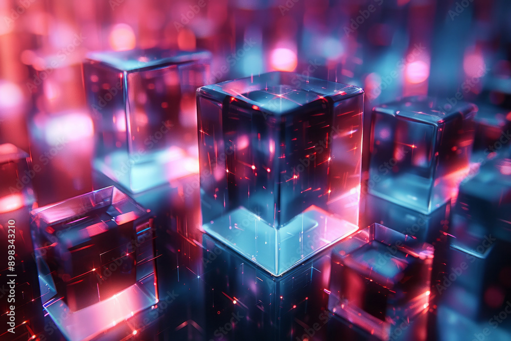 Poster clean depiction of an abstract 3d design with blue cubes and vibrant red lighting enhancing the stru