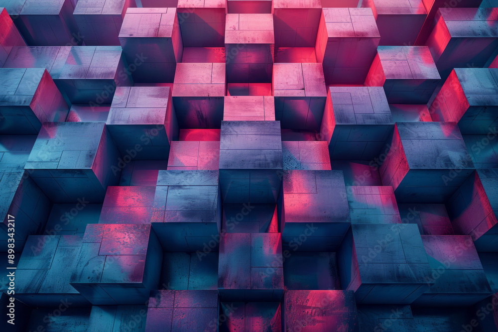 Poster clean depiction of an abstract 3d design with blue cubes and vibrant red lighting enhancing the stru