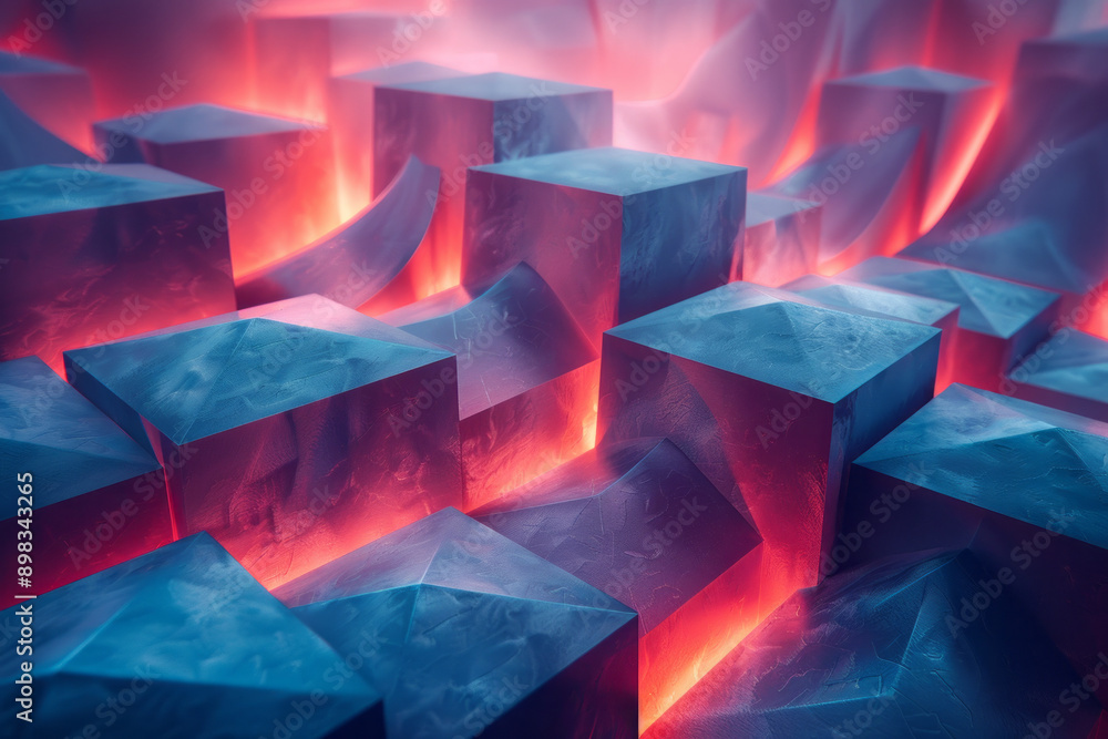 Poster clean depiction of an abstract 3d design with blue cubes and vibrant red lighting enhancing the stru