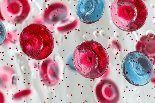 Abstract leukemic blood smear featuring a vivid representation of immature white blood cells in a chaotic arrangement,