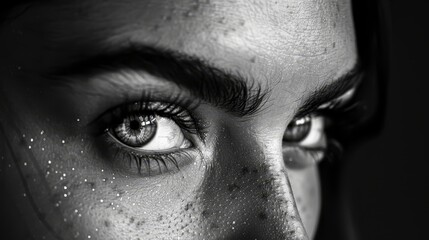 Fototapeta premium A monochrome image of a woman's face adorned with freckle-like makeup