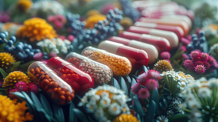 Organic pills theme, pills and natural component: leave, flower, plant