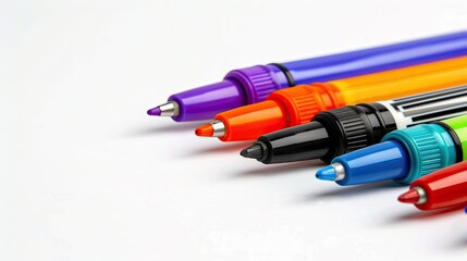 An Array of Vibrant Pens Neatly Arranged on a Blank White Desk