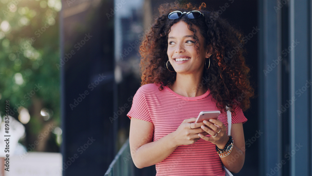 Aufkleber Woman, balcony and smile with texting on smartphone with mobile app for online dating and interaction. Female person, outside and happy with internet or website for social media and networking