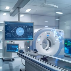 Modern medical laboratory with futuristic diagnostic machines and clean white design.