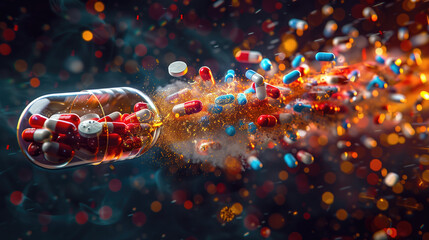 Pill Pathway. A conceptual image of pills forming a pathway leading to a brain, signifying the journey of pain relief