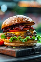 Cheeseburger with Bacon and Blurred Stadium Background