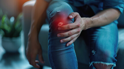 World Day against Pain. World Arthritis Day. the man's knee hurts. A woman holds her knee in pain