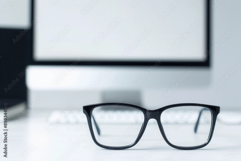 Aufkleber A pair of black eyeglasses rest on a white desk with a computer monitor blurred in the background. Generative AI
