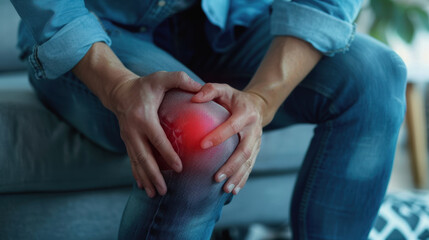 World Day against Pain. World Arthritis Day. the man's knee hurts. A woman holds her knee in pain
