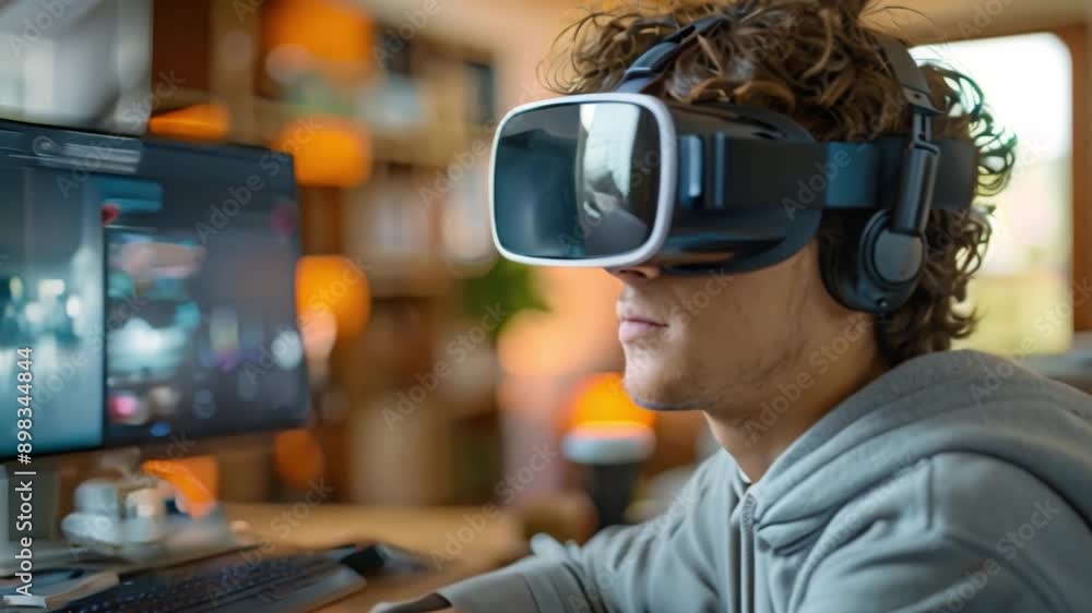 Poster a man wearing a virtual reality headset sits at a desk with a computer monitor in the background. he