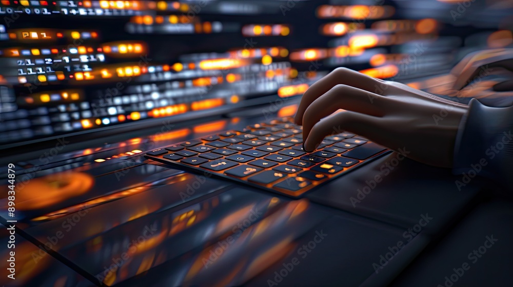 Poster person typing code on laptop with illuminated keyboard