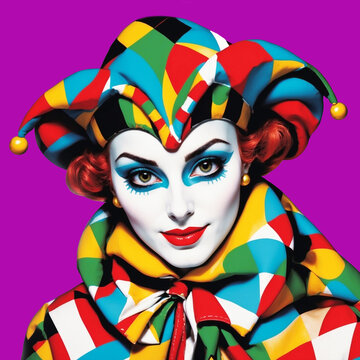 Harlequin. Portrait of a woman in carnival mask. Italian commedia dell arte.