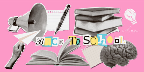 Set of cutout paper elements halftone collage on the theme of education and back to school. Stationery, books, hand , brain. Trendy vector graphics.