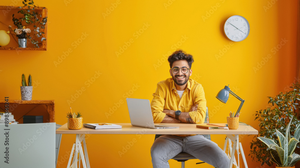 Wall mural young indian man working on laptop on yellow background