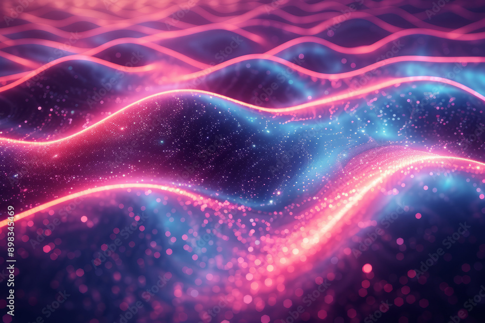 Poster artistic interpretation of a 3d pixel design with swirling patterns and dynamic pink and blue neon h