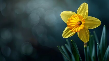 Fototapeta premium A solitary yellow daffodil bloom with a verdant stem against a softly blurred backdrop