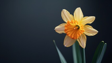 Fototapeta premium A tight shot of a yellow bloom against a backdrop of emerald leaves, framed by a dark canvas