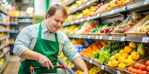 A grocery store employee with Down syndrome restocking fruits in the produce section. The image captures inclusion and diversity in the workplace with vibrant colors