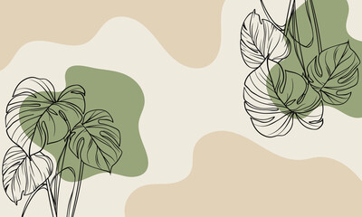 Botanical frame with monstera leaves and hand drawn blobs. Boho aesthetic background in pastel colors © Alice