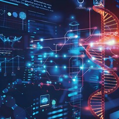 Obraz premium A futuristic network interface showing dynamic data streams and connectivity paths, illustrated with neon lights and high-tech graphics.