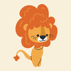 Cute kawaii lion in cartoon, flat, doodle, simple style. Design element for posters, postcards, greeting cards, wallpapers, children's clothes, fabrics, t-shirts, logos