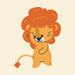 Cute kawaii lion in cartoon, flat, doodle, simple style. Design element for posters, postcards, greeting cards, wallpapers, children's clothes, fabrics, t-shirts, logos