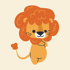 Cute kawaii lion in cartoon, flat, doodle, simple style. Design element for posters, postcards, greeting cards, wallpapers, children's clothes, fabrics, t-shirts, logos