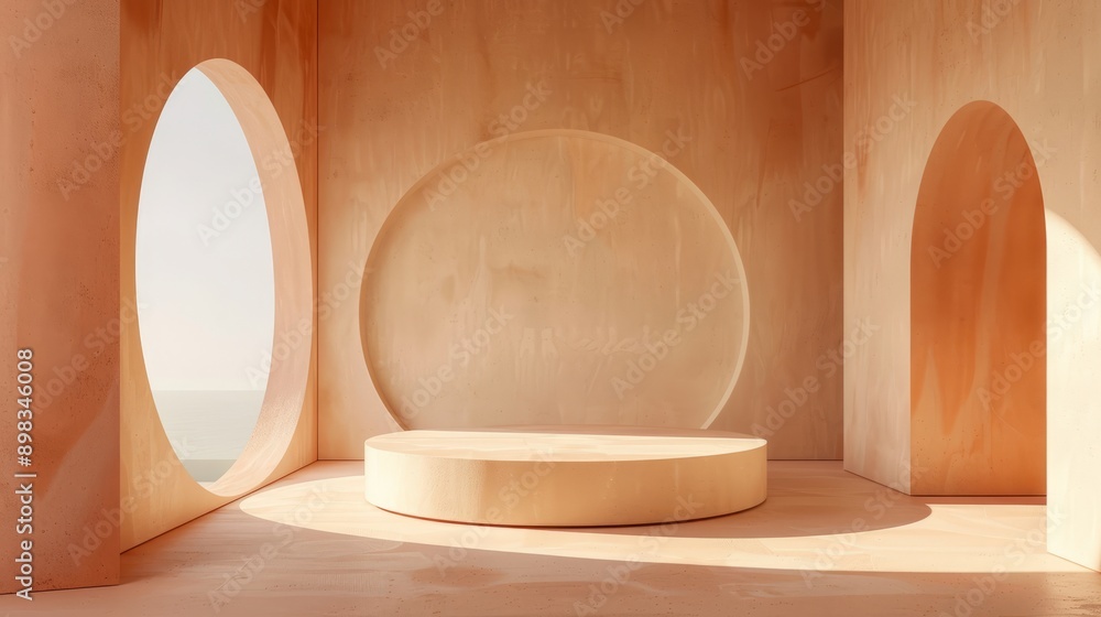 Poster A room with a round table in the middle and a doorway on the right