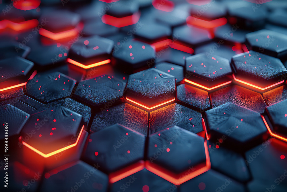 Poster futuristic representation of a hexagonal design with radiant red accents illuminating a deep blue ba