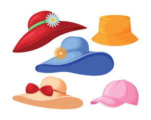 Hats. A set featuring summer men s and women s hats. Summer beach hats. A collection of hats. Vector illustration