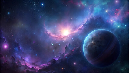 Fototapeta premium Cosmic Space Scene with Planets and Nebulae, Deep Colors, Sci-Fi Illustration, with Copy Space