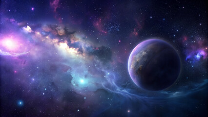 Cosmic Space Scene with Planets and Nebulae, Deep Colors, Sci-Fi Illustration, with Copy Space