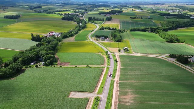Biei, Japan: Aerial drone footage of a bus driving on a rural road through the field in the Biei countryside, famous for its colorful flowers field near Asahikawa in Hokkaido in summer in Japan. 