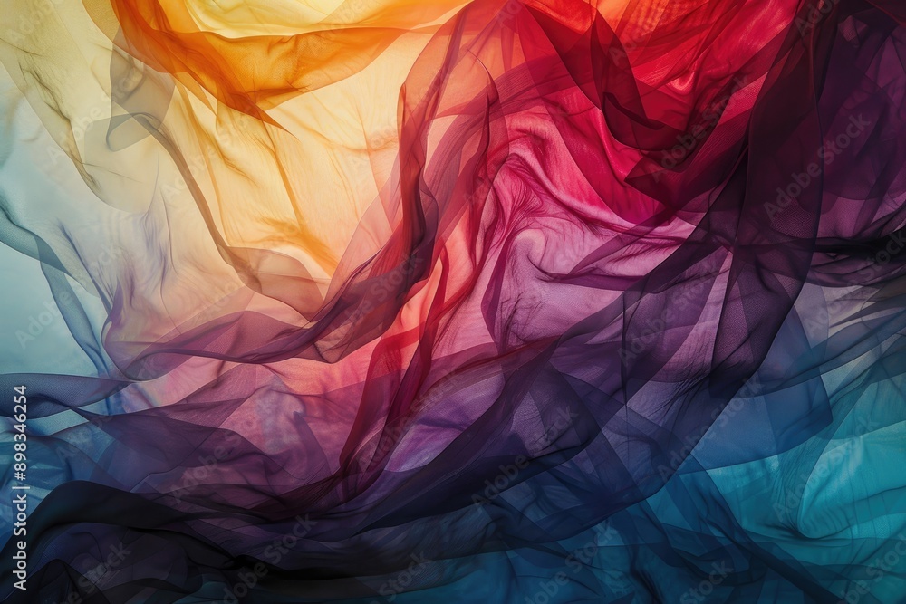 Poster layers of translucent color creating a sense of depth, colorful fabric with rainbow pattern, perfect