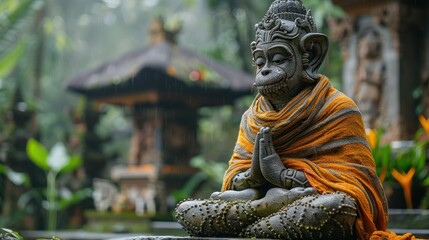 Obraz premium Stone Monkey Statue in a Tropical Garden