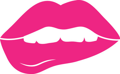 Pink biting lips. Female mouth icon. Vector illustration