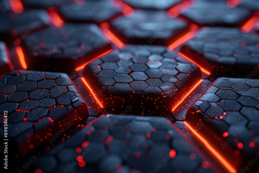 Poster abstract 3d visualization of a hexagonal design illuminated by vivid red lights on a striking blue b