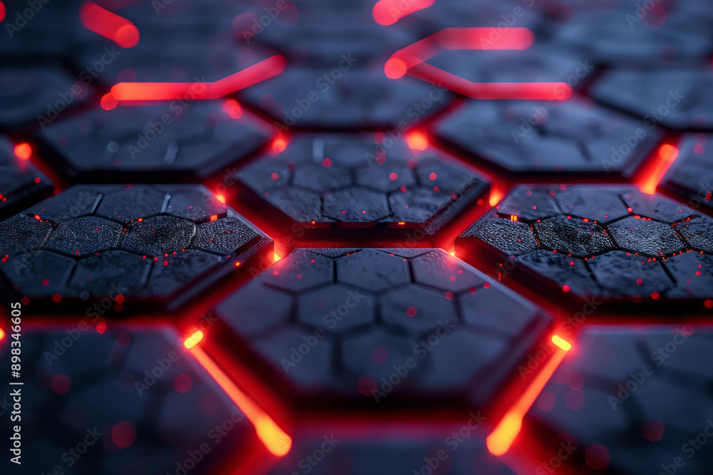 Poster futuristic hexagonal pattern with glowing red elements creating depth against a bright blue backgrou