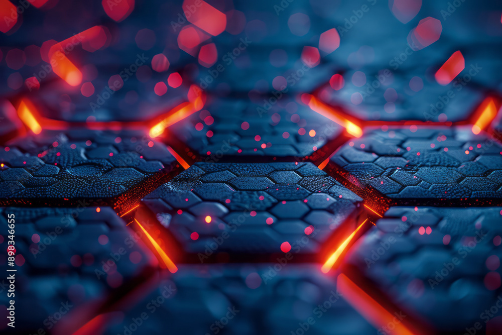 Poster futuristic hexagonal pattern with glowing red elements creating depth against a bright blue backgrou