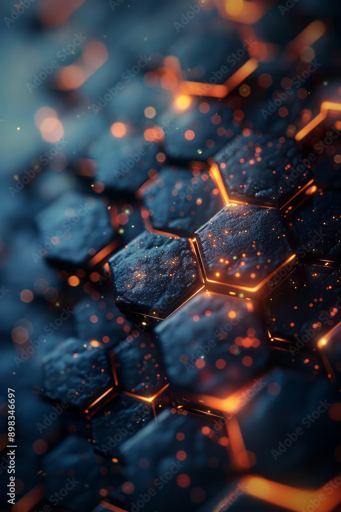 Poster clean and modern depiction of a 3d hexagonal structure with glowing red highlights on a cobalt blue 