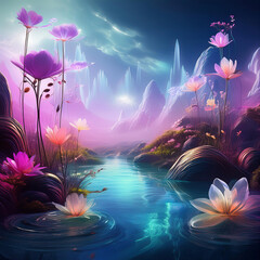 Fototapeta premium Beautiful fantasy landscape with water and purple flowers